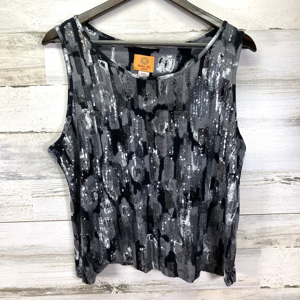Ruby Rd Womens Silver/Black Sequined A Line Tank Top Shirt Size PXL